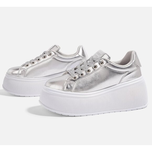 Brand New Women Silver Rubber Platform Sneakers Wedge Walking Shoes Retro - Picture 4 of 8